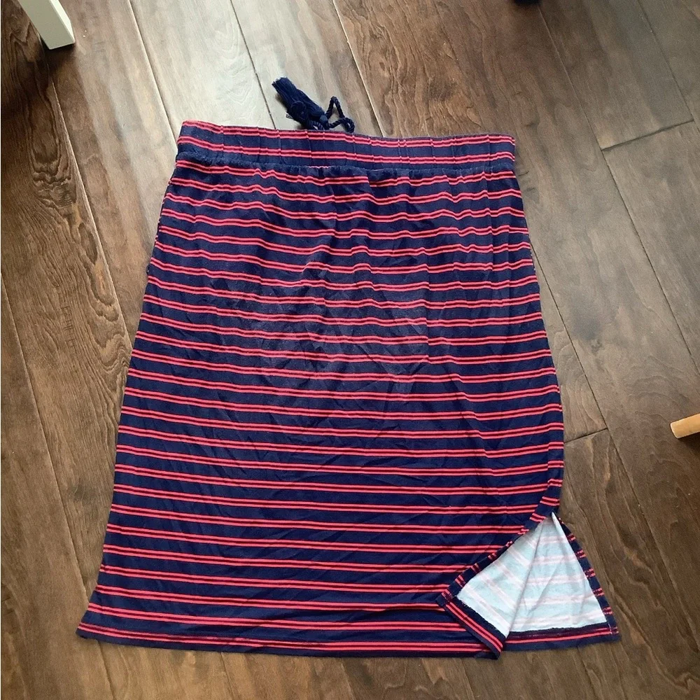 EUC St. John’s Bay Navy Red Midi Skirt Side Slits L